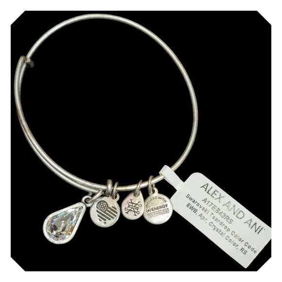 Alex and Ani Swarovski Clear Crystal Teardrop April Silver Tone Bangle Bracelet - Picture 3 of 5